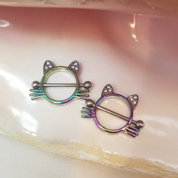 14G Cat Nipple Shield Rainbow Surgical Steel Clear CZ Gem piercing jewelry - Picture 1 of 4